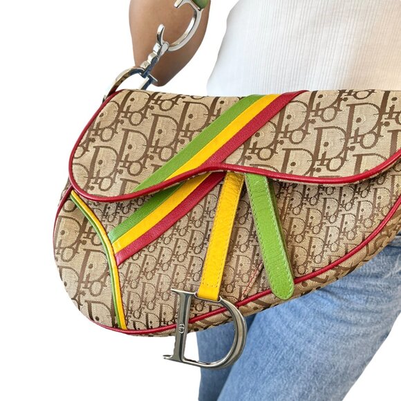 Christian Dior Vintage 2004 Trotter Monogram Logo Saddle Bag Rasta [105655] - Picture 3 of 13